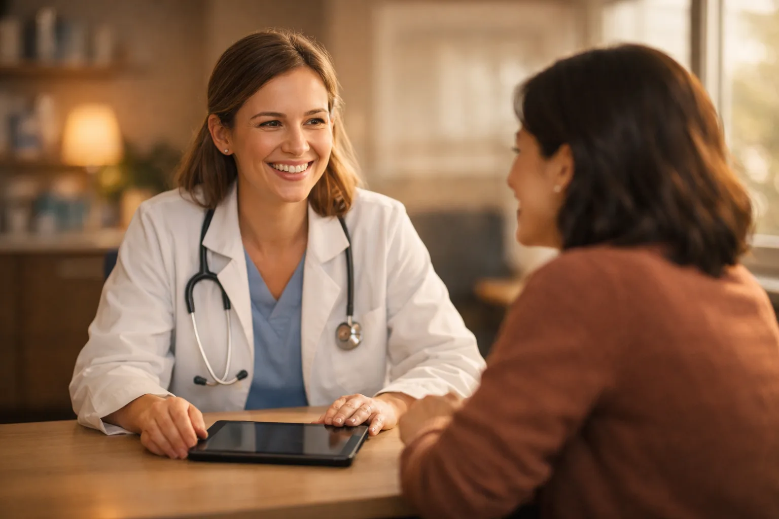 Confident woman smiling warmly in a bright modern setting