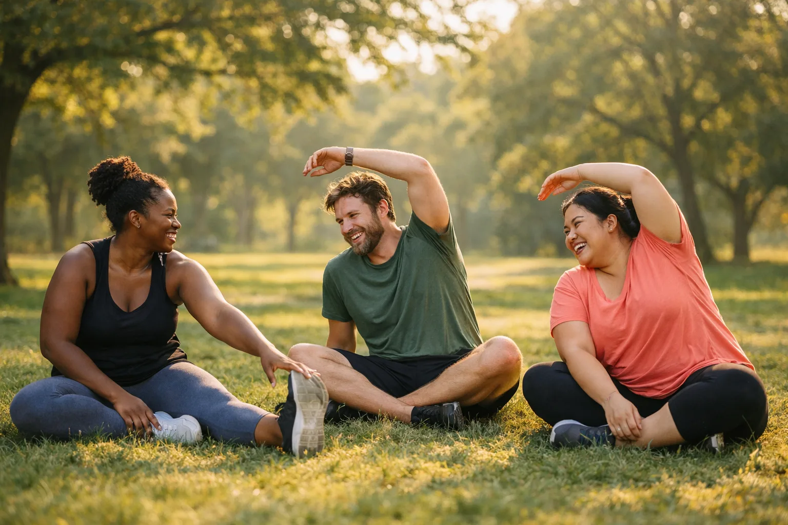 Three diverse people stretching together in a park during early morning light